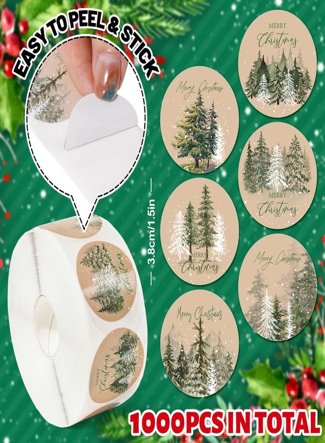 Whaline 1000 Pcs Merry Christmas Stickers Roll Snowy Pine Tree Forest Self-Adhesive Decals for Scrapbook Journal Envelope Gift Greeting Card Xmas Holiday Party Decor, 6 Designs - Image 2